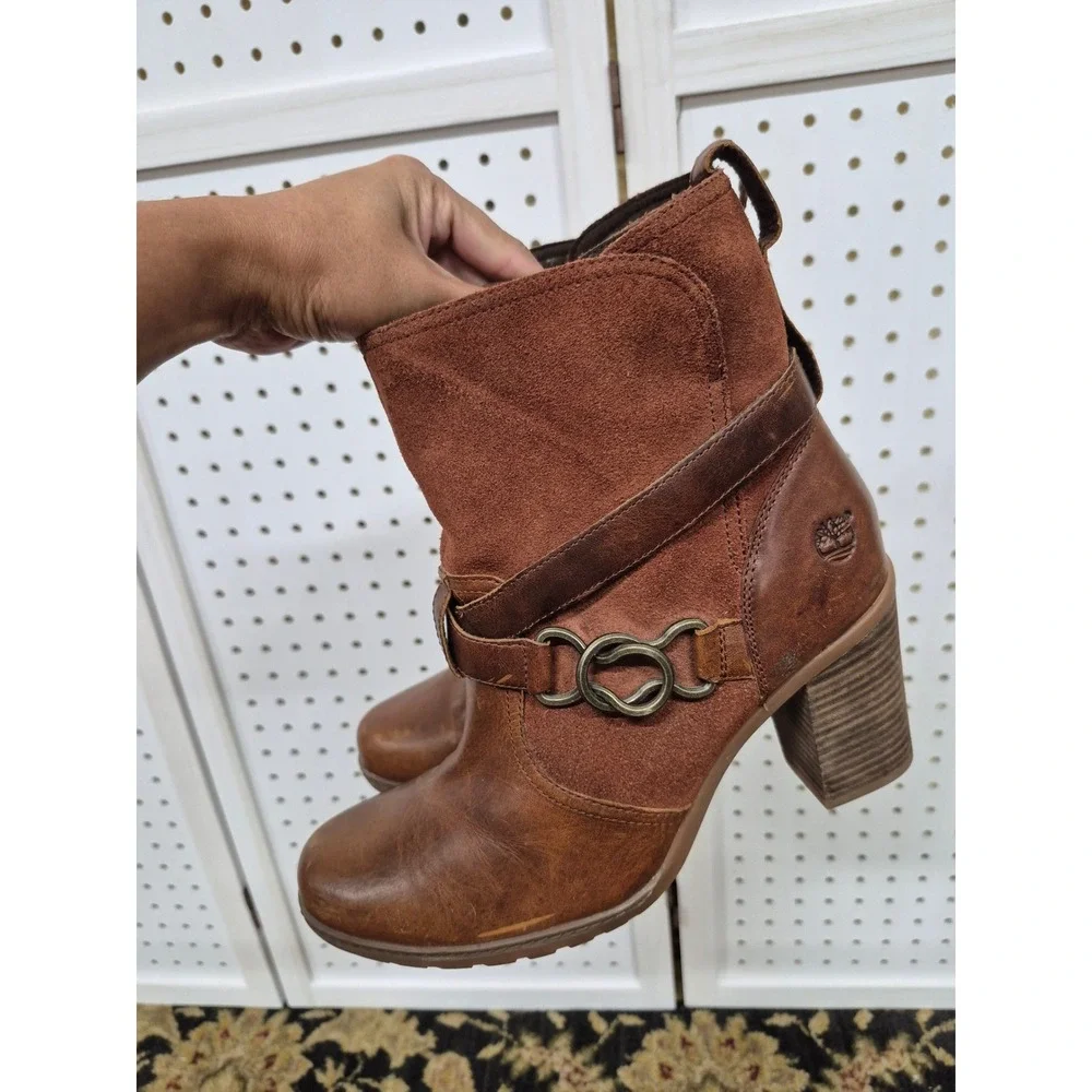 Timberland Dennett Brown Leather Suede Ankle Boots Block Heel Size 11
